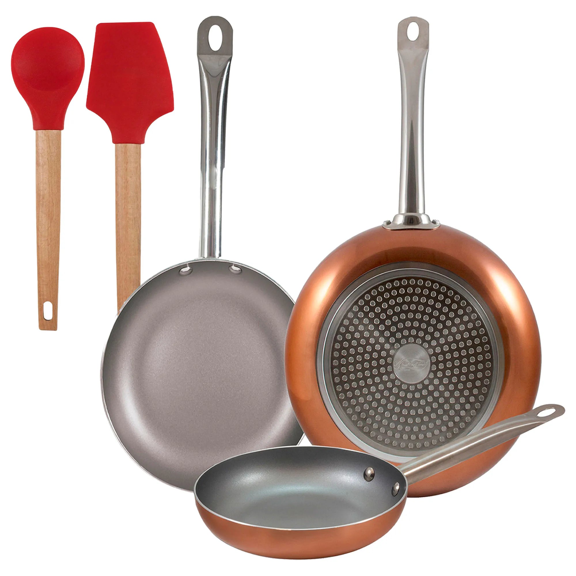 Set of 3 San Ignacio frying pans (18 22 26cm) pressed aluminum suitable for induction + Set of 2 silicone kitchen utensils