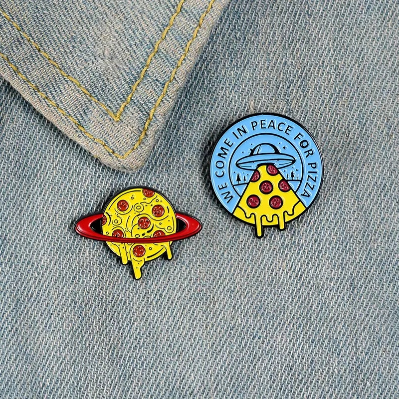 Wholesale Pizza UFO Planet Enamel Pin Custom Clothing Brooch for Badge Silver-Plated 2-Sided Food Jewelry Gift for Friends