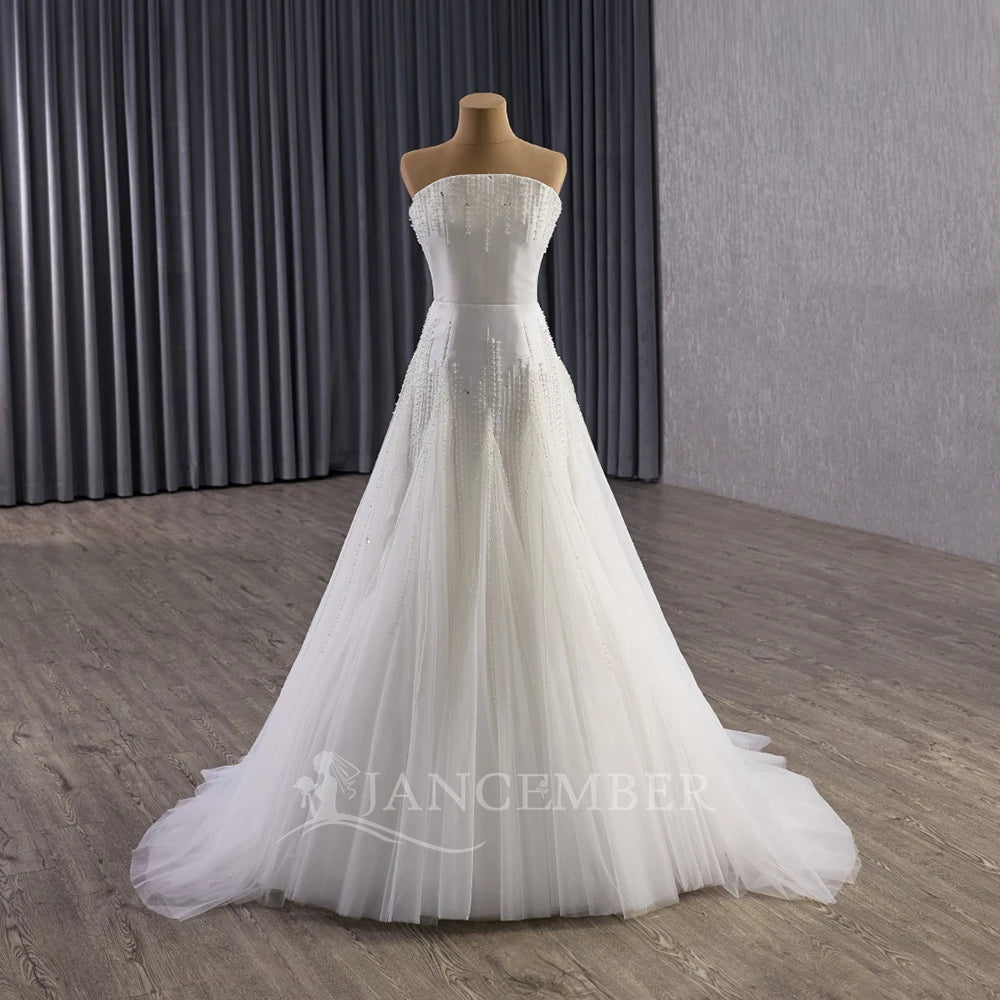 Jancember 251111 Elegant Strapless Pearls Ivory Satin Wedding A-line Women's Gowns Dress