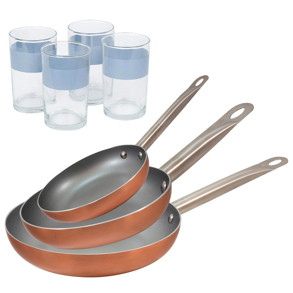 Set of 3 San Ignacio frying pans (18 22 26cm) pressed aluminum suitable for induction + Set of 4 0.5L glasses