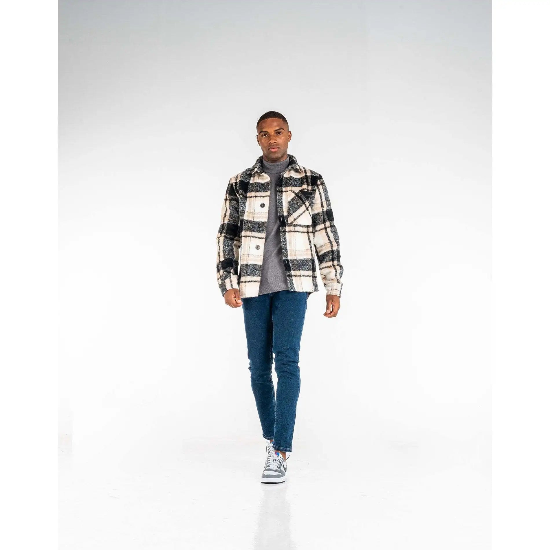 Men's Felted Plaid Jacket Faux Fur Turtleneck Collar Breathable Regular Length Sleeves Size S Color Negro Imperio Shop