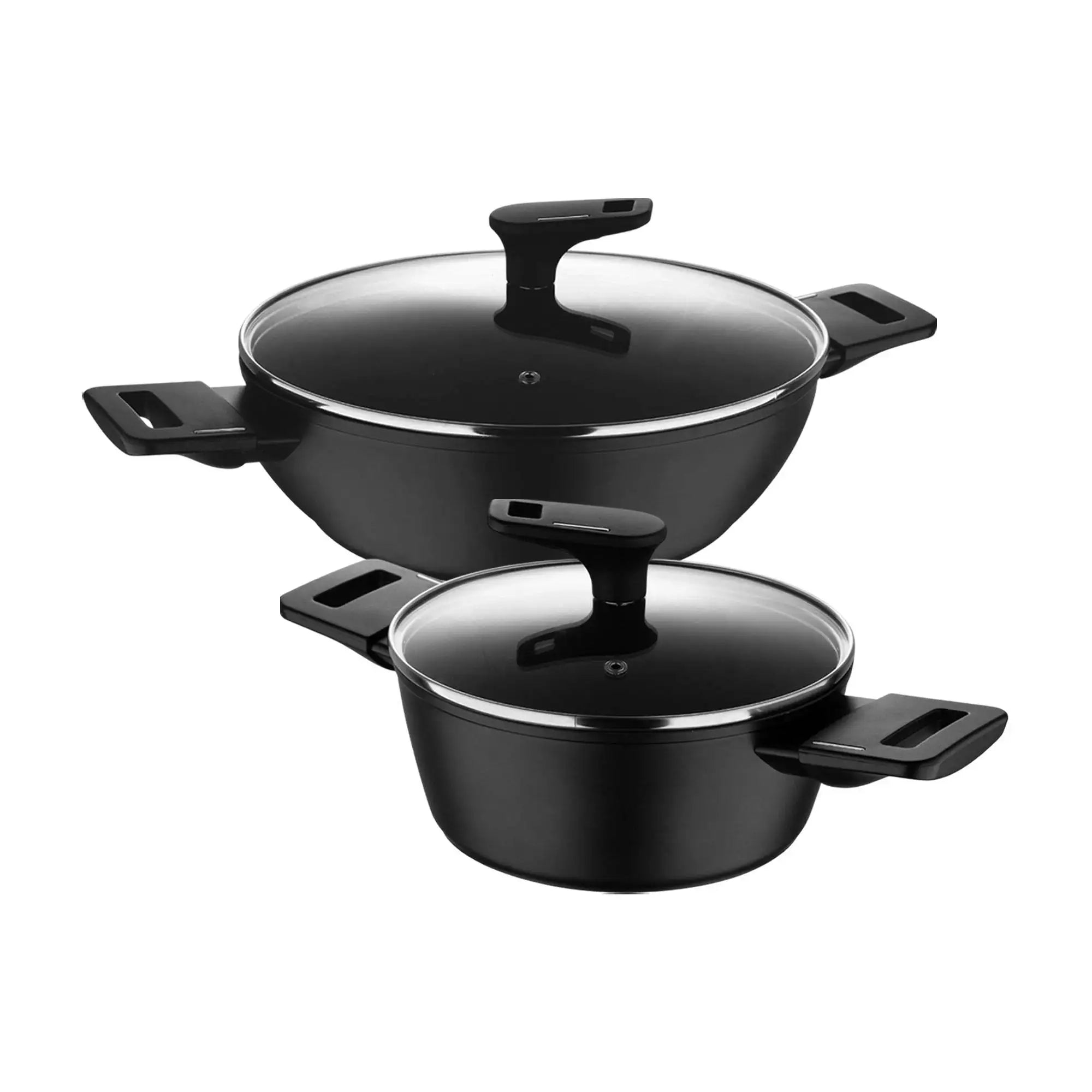 Set of 2 Low Casserole Dishes 20cm (2.2L) + 28cm (4.2L) with lids in Forged Aluminum Copper Black Bergner