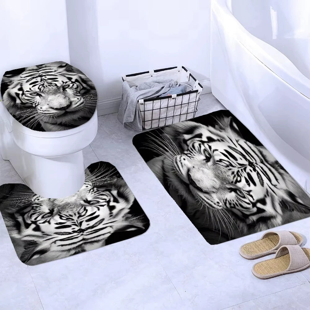 Classic Tiger Patterned Shower Curtains and Bathroom Set Anti-Skid Rug and Toilet Lid Cover Home Decor Bath Mat