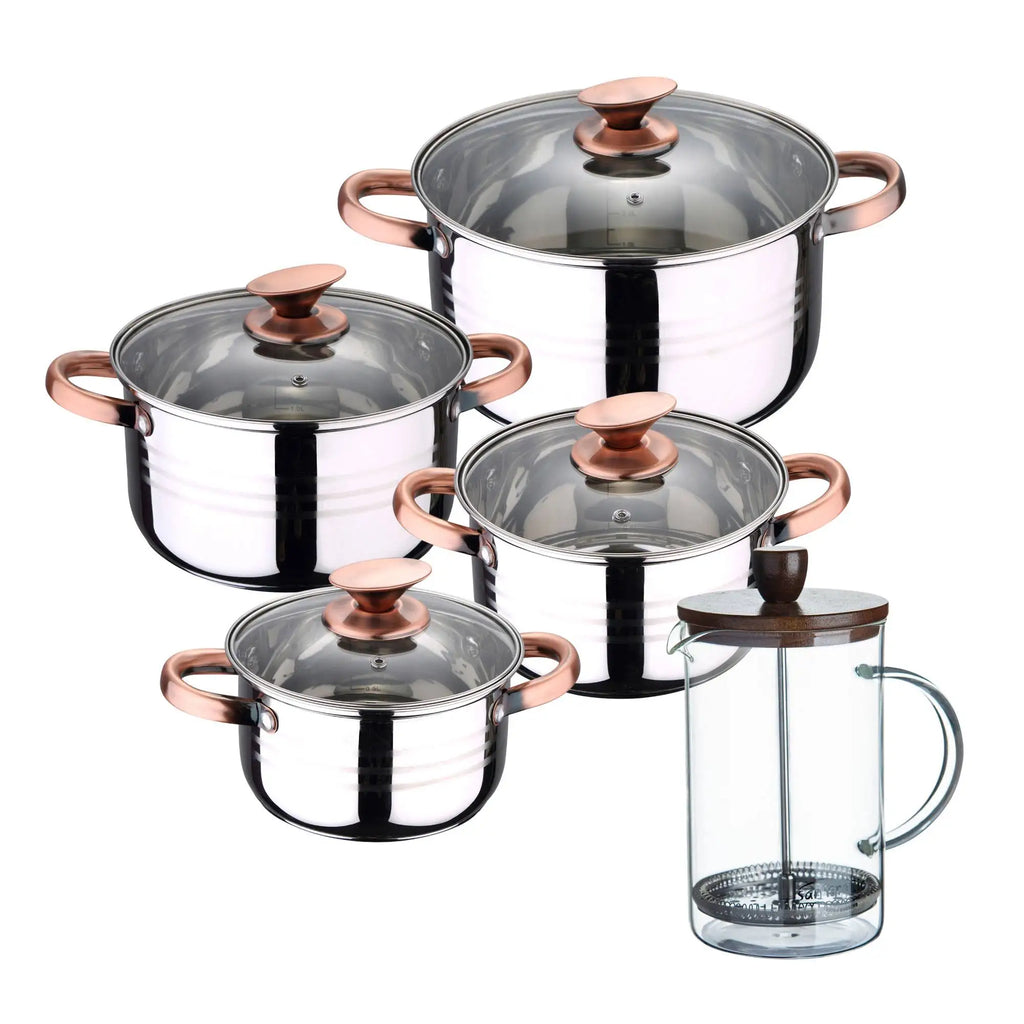 8pc stainless steel cookware set suitable for induction San Ignacio Premium Collection + Borosilicate glass French press