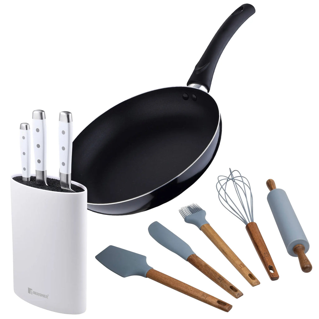 PIXEL Chef Saucepan Set (24x4.5cm) - Aluminum Pressed Pan + 3 Stainless Steel Knives with Handles (White) + 5 Silicone Kitchen