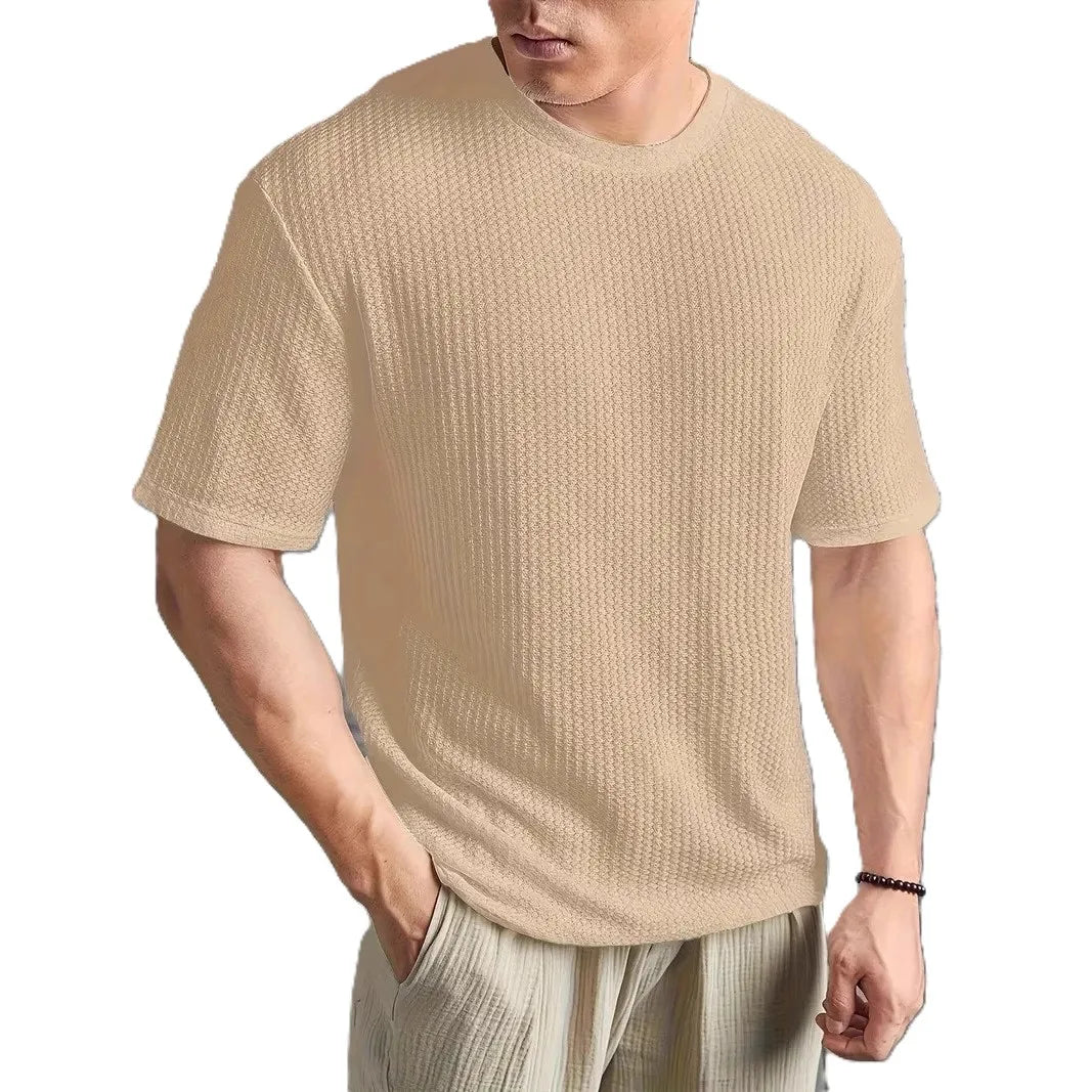 China Bangladesh Factory Price OEM Customized Logo Embroidery Mens Solid Color Textured Crew Neck Dropped Shoulder Silk T Shirt
