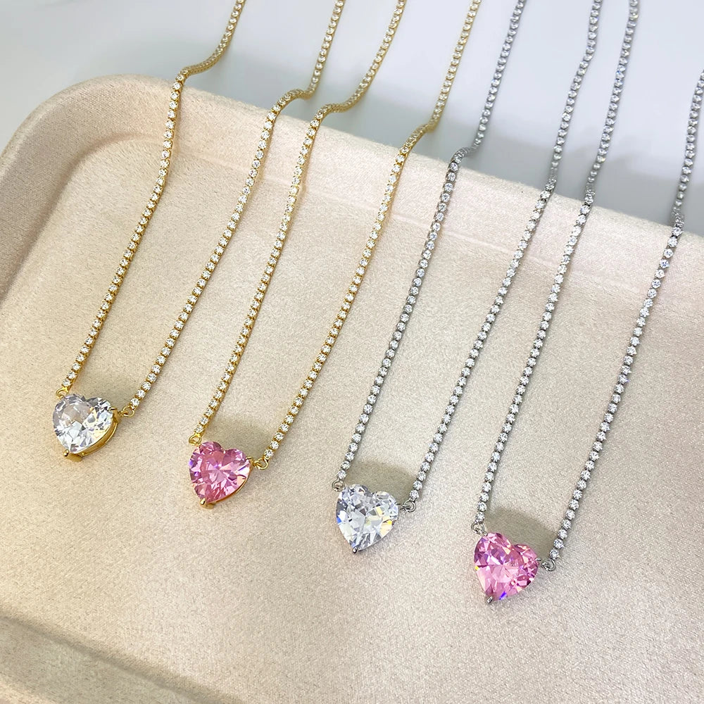 Foxi Wholesale Trendy Heart Pendant Necklace Jewelry 18k Gold Plated Zircon Bling Tennis Chain Heart Necklace for Women Girls