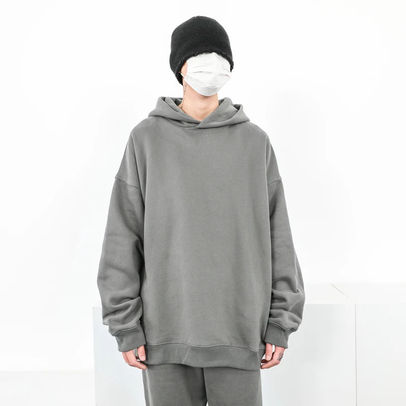 Versatile Casual Sporty Loose Fit Men's Top Trendy Streetwear with Solid Color Hooded Sweatshirt for Fall Winter Season