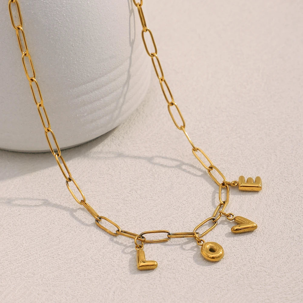 Dreamshow Initial Letter Love Charm Necklace Paper Clip Chain Necklace Gold Plated Stainless Steel Jewelry