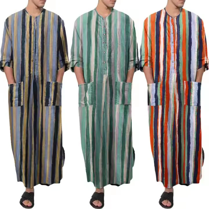 Men's Casual Arabic Jubba Omani Kurta Pajama Button New Design Cheap Muslim Fabric Thobes with End Clip and Scarf