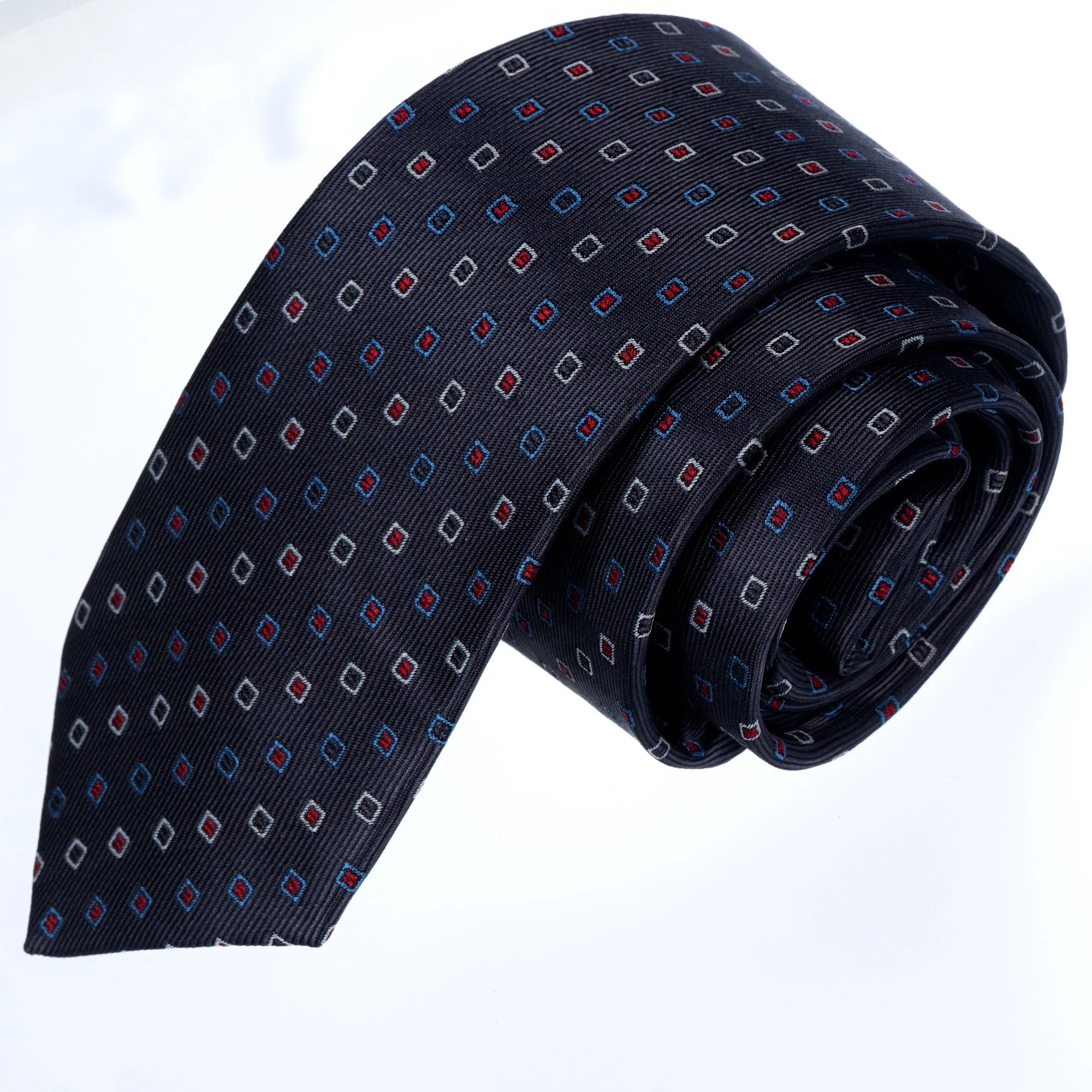 Exve Exclusive Gray with Red and Blue Squares Handmade Necktie From-Turkey