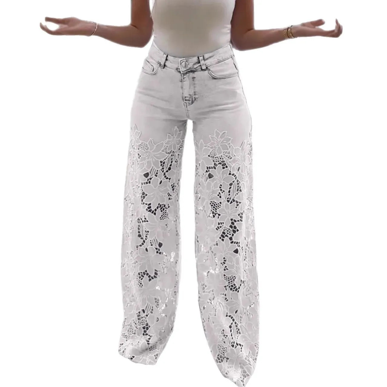 2025 Spring and Summer High-waisted Wide-leg Pants Women's Fashionable and Elegant All-matching Lace-up Denim Patchwork Jeans