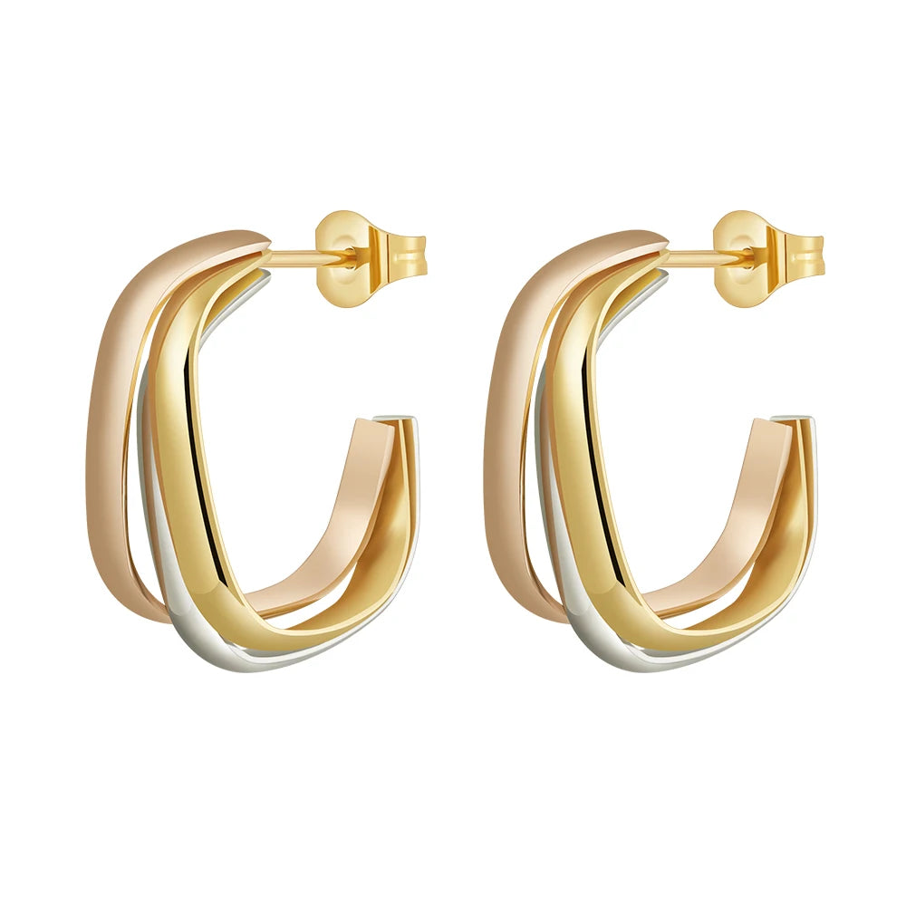18K Gold Plated Stainless Steel Jewelry Three Ring Mix Multi-Color Square Round C-shape Hoop Waterproof Earrings E241574