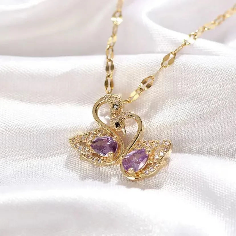 Elegant Luxury Women's Stainless Steel Animal Jewelry Ladies' Purple Crystal Swan Pendant Necklace for Parties Birthday Gift