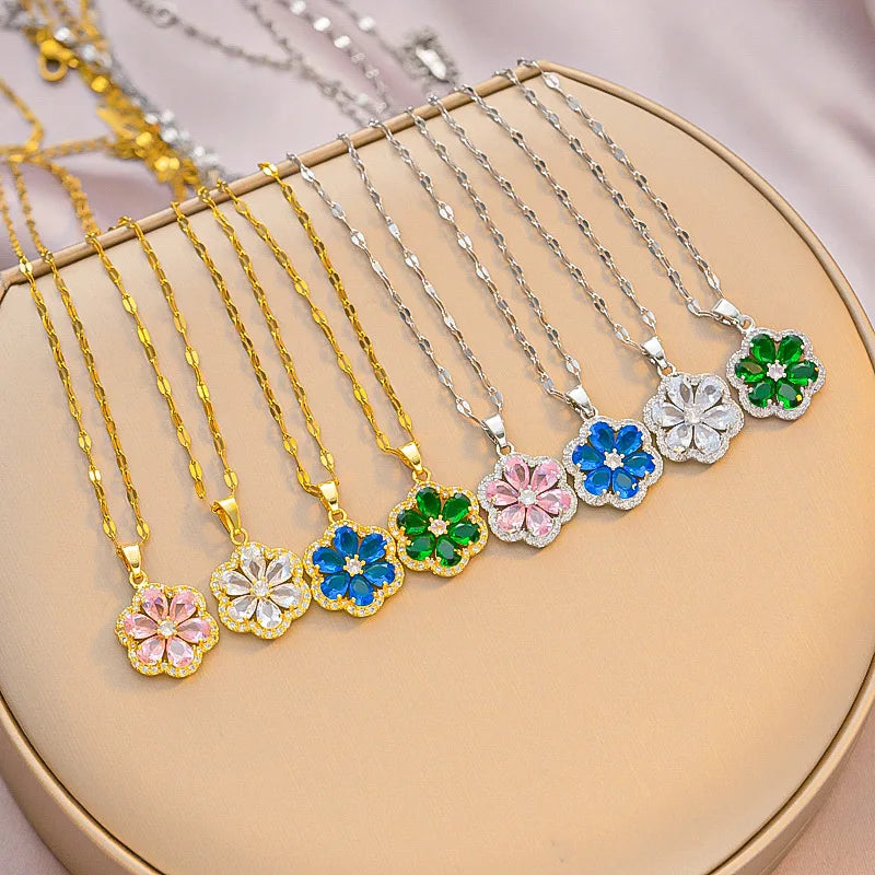 Trendy Gold Plated Stainless Steel Zircon Flower Charm Necklace Bling Cubic Zirconia Choker Necklace Collar De Acero Inoxidable