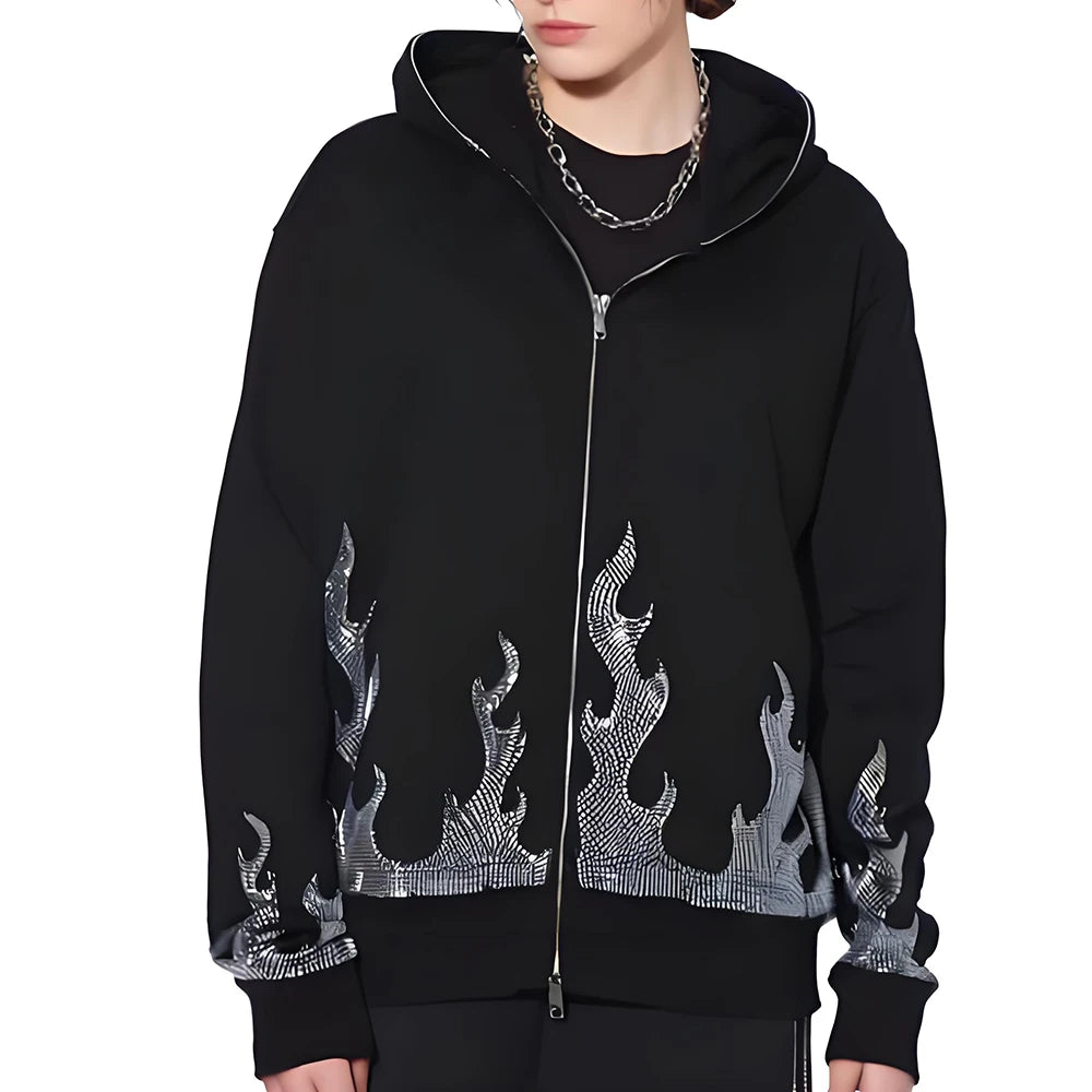 Regular Fit Men's Full Face Zip Hoodie Custom Street Wear Flame Rhinestone 100% Cotton Fleece Collar Hooded Autumn Eco-Friendly