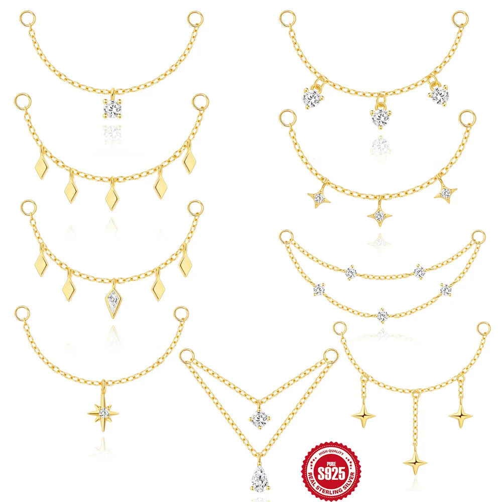 Boasta Fashion 925 Sterling Silver CZ Chain Ear Cuff Drop Dangle Connector Jewelry Accessory 18K Gold Plated for Women Lady Girl