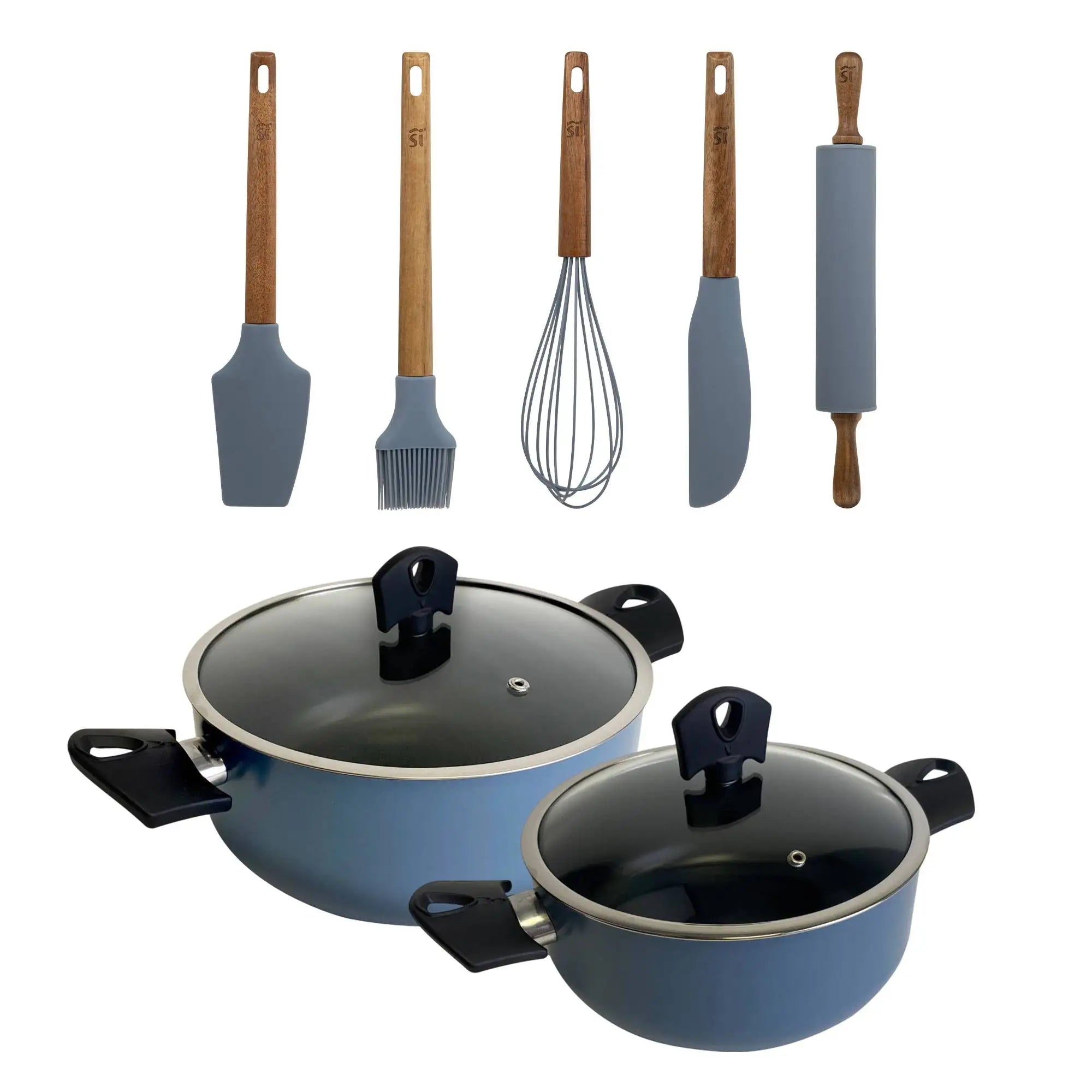 Set of 2 saucepans 20/24cm with lids in pressed aluminum blue color + Set of 5 silicone and wooden utensils NOIA San Ignacio