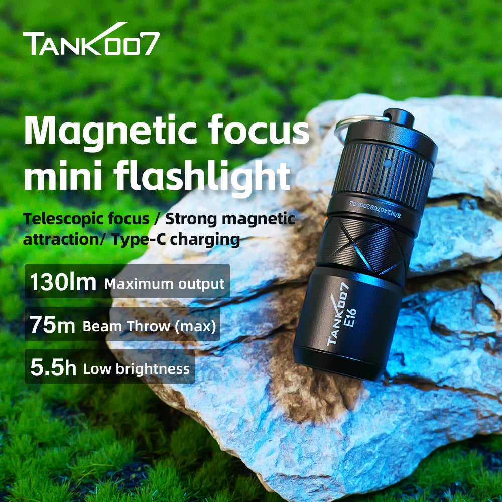 TANK007 E16 Powerful LED Pocket Hand Light Keychain Zoomable Mini Torch Light Magnetic EDC Flashlight Rechargeable