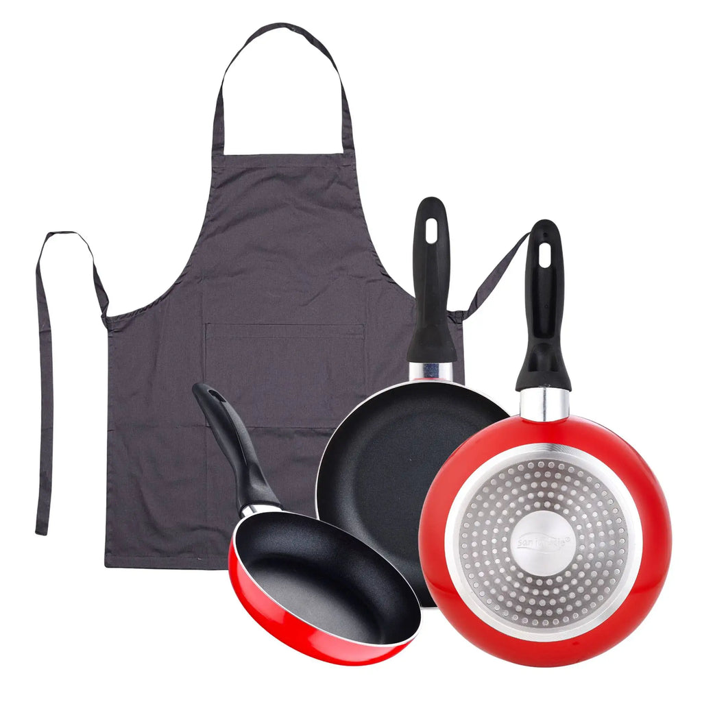 San Ignacio 3-piece frying pan set 16/20/24 cm + Dark Grey 100% Cotton Kitchen Apron 75x80cm