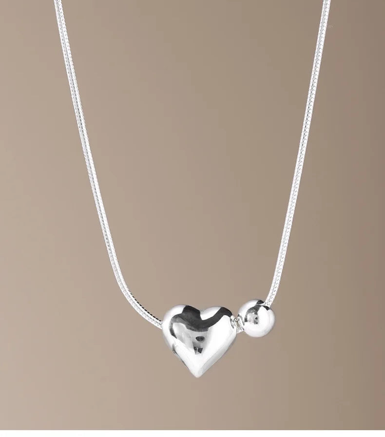Round Bead and Heart Charm Necklace Snake Bone Chain 925 Sterling Silver Necklace for Women