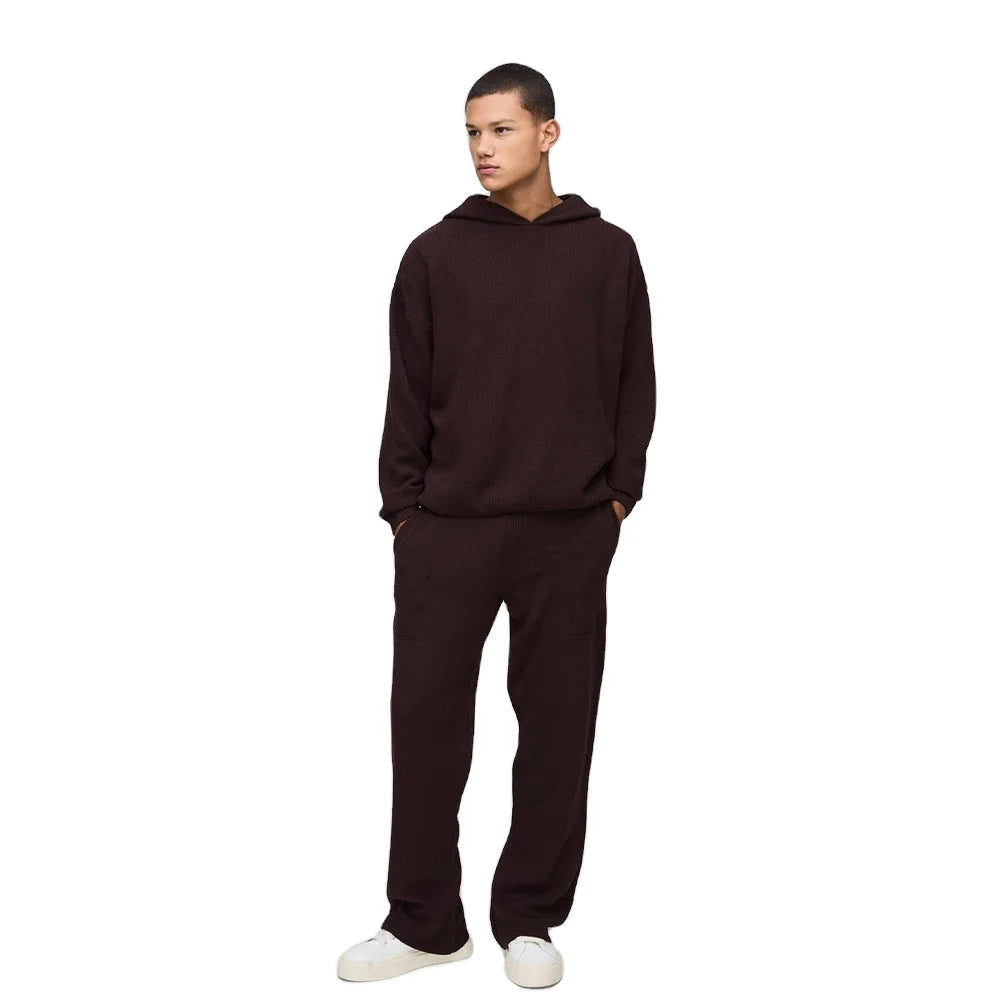 Y2K Minimalist Design 2 Piece Winter Outfit Custom Soft Knit Streetwear Dark Brown Knitted Hoodie Pants Set Relaxed Fit