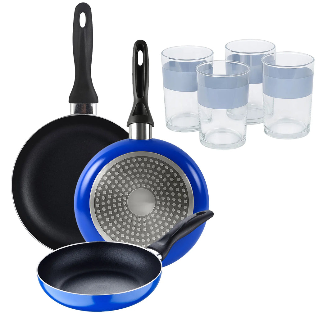 Set of 3 San Ignacio frying pans (16+20+24cm) pressed aluminum industrial blue + Set of 4 0.5L glasses