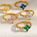 Dreamshow Fashion Jewelry Rings Colorful Zircon Flower Signet Ring Set 18k Gold Plated Stainless Steel Jewelry Set