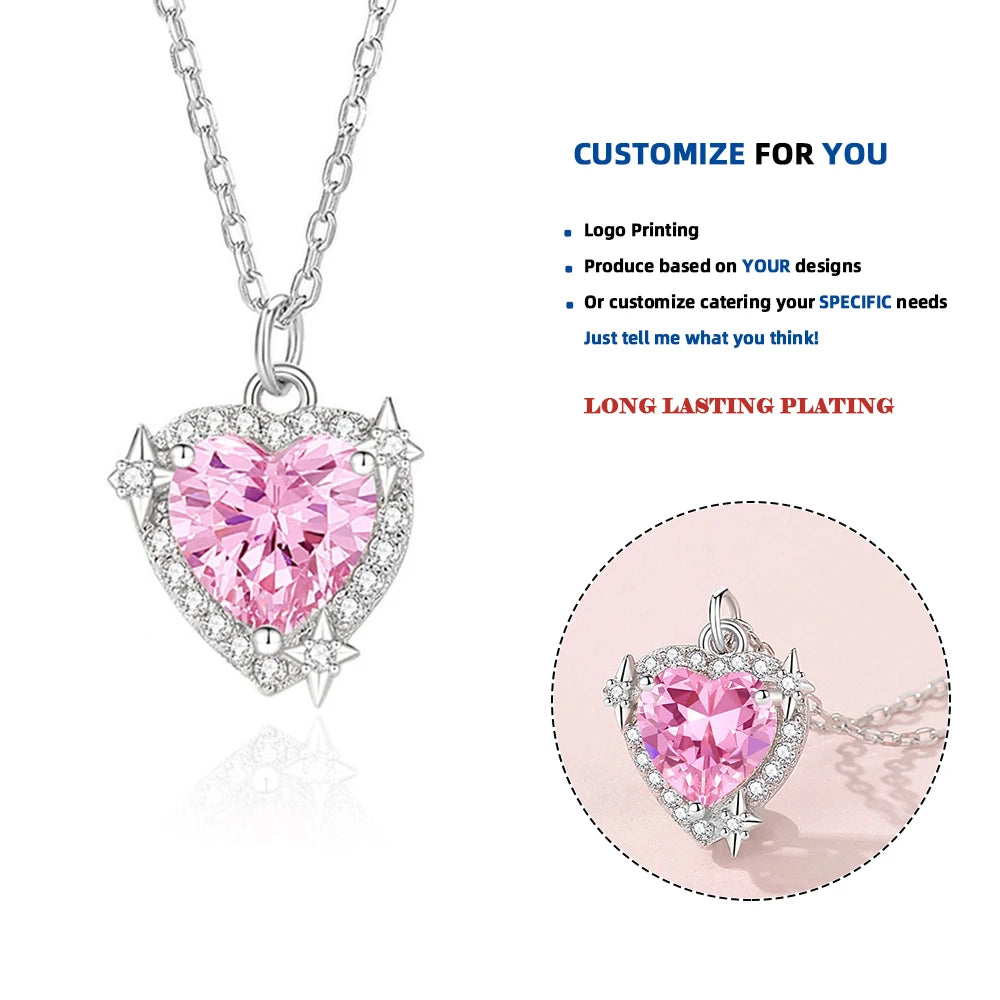 FDXZ-206 925 Sterling Silver Exquisite Heart Shape Pink Star Diamond Zircon  Pendant Necklace Main Stone CZ for Weddings