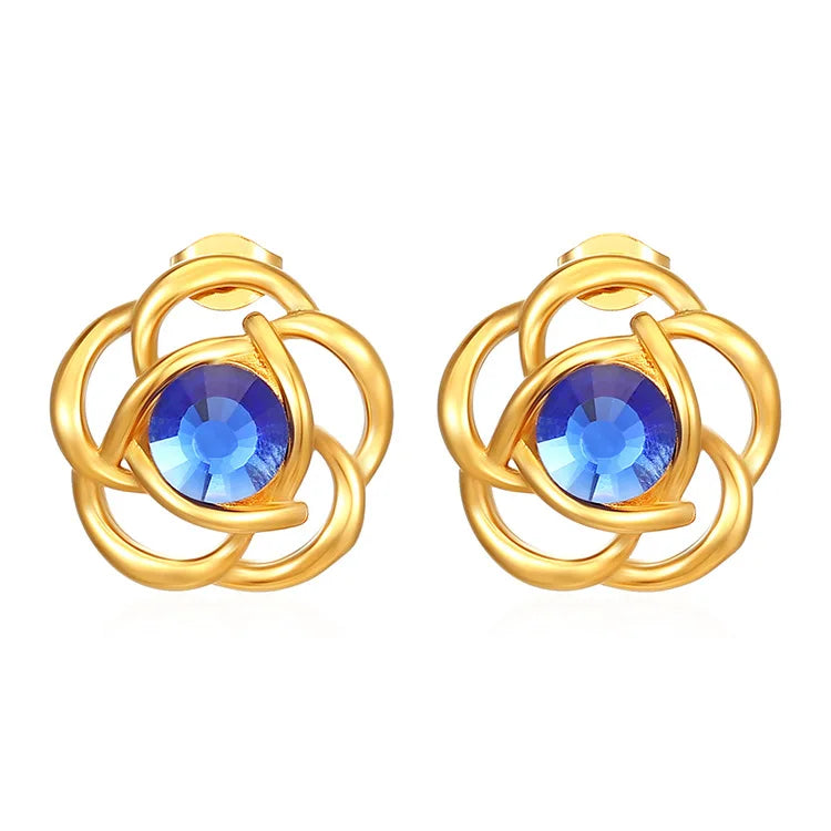 Hot Sale Fashion Elegant Jewelry Flower Shaped Blue Zircon Stud Earrings 18k Gold Plated Stainless Steel Earrings for Women
