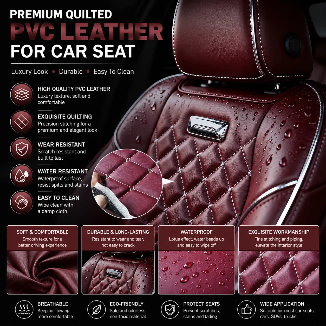 Factory Price Waterproof Embroidery Stitched Quilted PU Leather Fabric for Sofa Car Interior Upholstery Hotel Decoration Bags