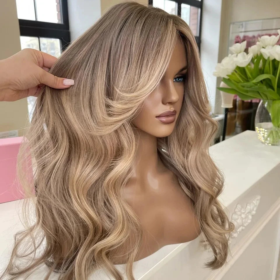 Luxury Quality Wig 180% Density Ombre Blonde Color Wave 100% Unprocessed Young Donor Hair Swiss Lace Front Wigs With Fringe