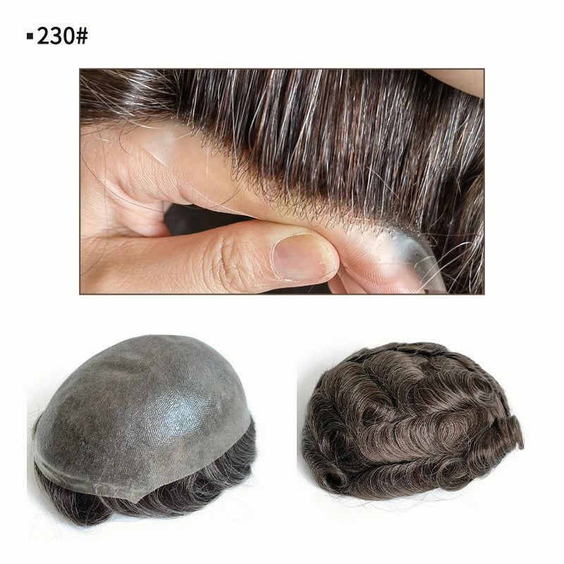 Gray Hair Brown Color Revert Knots Full Thin PU Skin Base Human Hair Unit Men Toupee With Natural Hairline