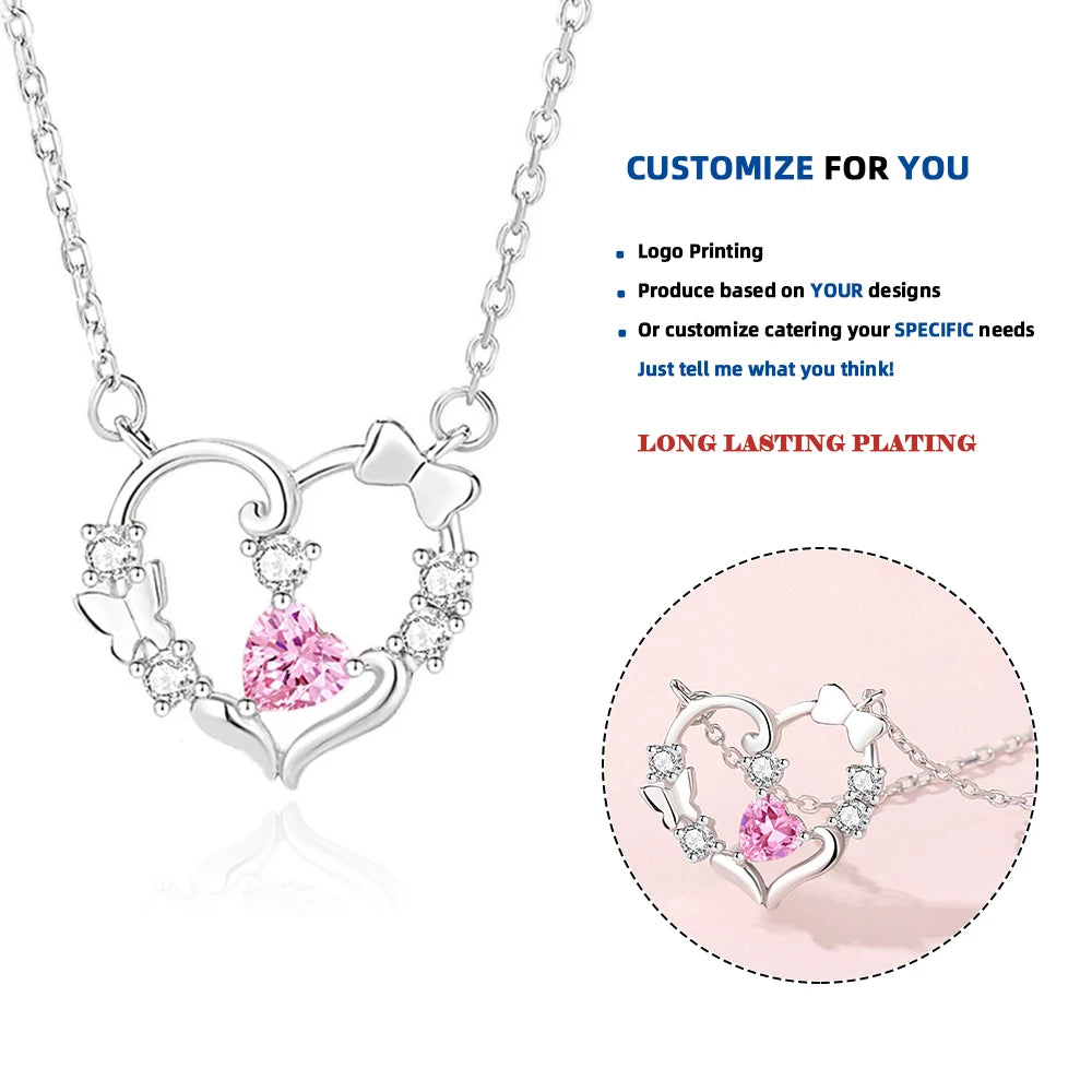 FDXZ-205 Exquisite Casual Simple S925 Sterling Silver Heart Butterfly Love Diamond Zircon Necklace for Women Birthday Parties