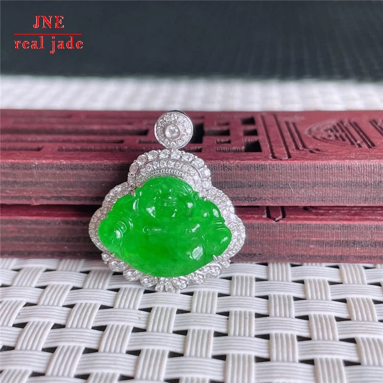 Myanmar Natural a Type Jadeite Jade Pendant 18K Gold Diamond-Embedded Full Sun Green Buddha Emerald Pendant 4.28