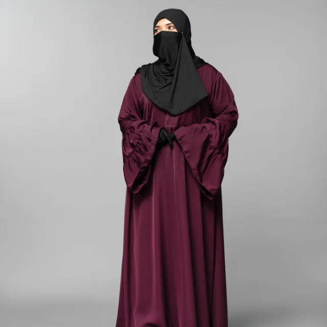 Fashionable Ruffle Abaya Ruffle Sleeves Nida Polyester Anti-Static Handmade Floor Length Burgundy Loose Fit Muslim Women Modest