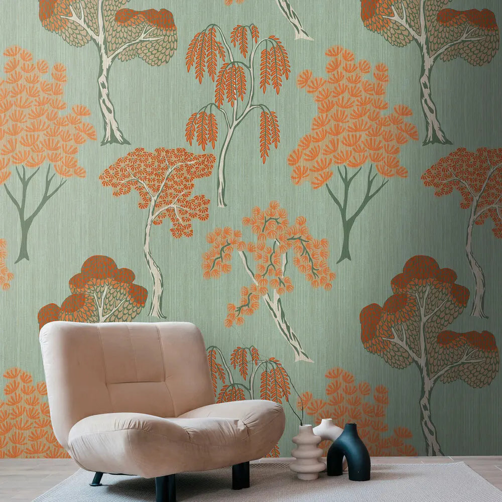 Germany Made Photo Wall Mural Trees Orange Green Non Woven Vinyl Premium Floral Bedroom Dining Large Format 1.59x2.80m