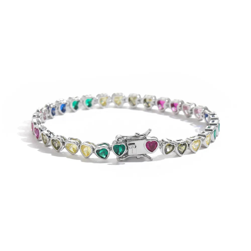 Wholesale Fashion Bling Hip Hop Mens Princess Cut Heart Zircon Colored Crystal Silver Plated Stainless Steel Tennis Gift