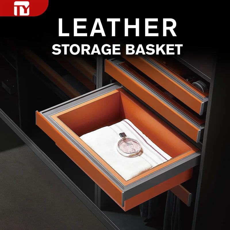 Wardrobe Leather Storage Basket Pull Out Aluminium Silent Soft Close Drawer