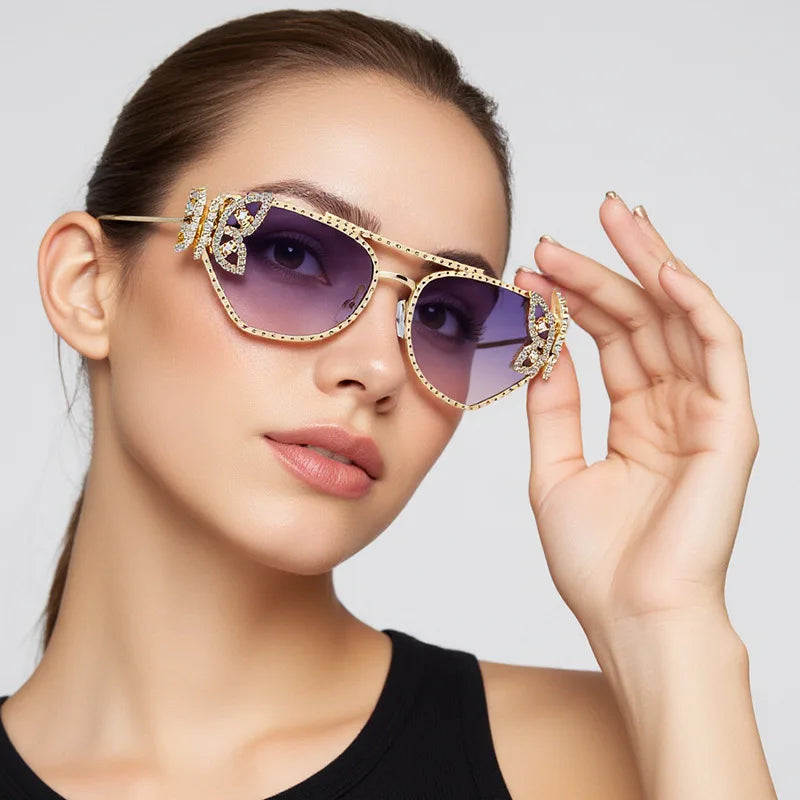 2025 Trendy Luxury Alloy Cat Eye Women Sun Glasses UV400 Metal Frame Rhinestone Butterfly Sunglasses Women