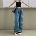 2025 New Fashionable Women's Smoky Grey Patchwork Jeans Multi-pocket Cargo Pants Street Fashion Vintage Long Wide-leg Jeans