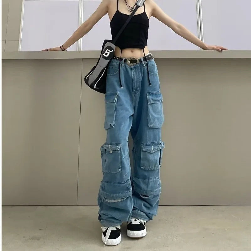 2025 New Fashionable Women's Smoky Grey Patchwork Jeans Multi-pocket Cargo Pants Street Fashion Vintage Long Wide-leg Jeans