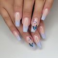 Wholesale 24Pcs ABS Fake Nails Blue and Pink Butterfly Print Long Ballerina Finger Nails Press on With Nail Glue