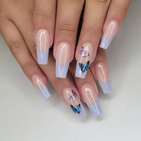 Wholesale 24Pcs ABS Fake Nails Blue and Pink Butterfly Print Long Ballerina Finger Nails Press on With Nail Glue