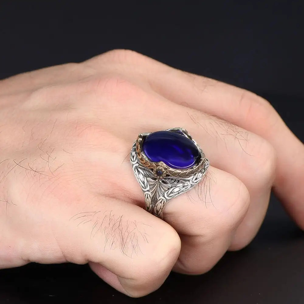 Azuris Custom Logo 925 Sterling Silver Ottoman Style Men's Ring Naturel Black Stone Handmade in Turkey VALKH1529