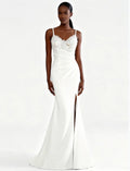 New Arrival White Spaghetti Strap Satin Mermaid Wedding Dress Lace Applique Bodice and Side Slit