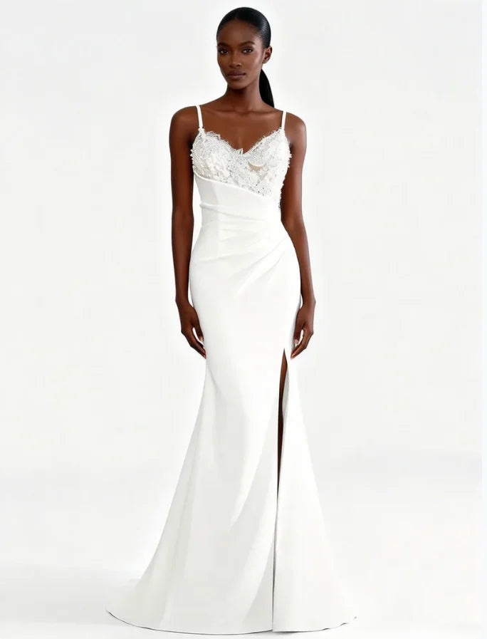 New Arrival White Spaghetti Strap Satin Mermaid Wedding Dress Lace Applique Bodice and Side Slit