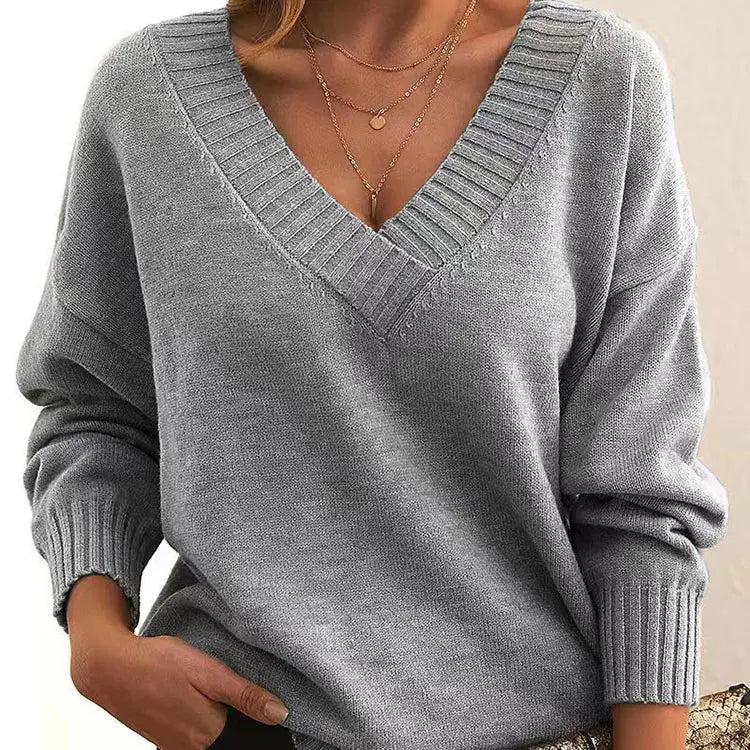 New Cross-Border Women's European & American Style Pullover Sweater - Loose V-Neck Casual Versatile Knit Top-2