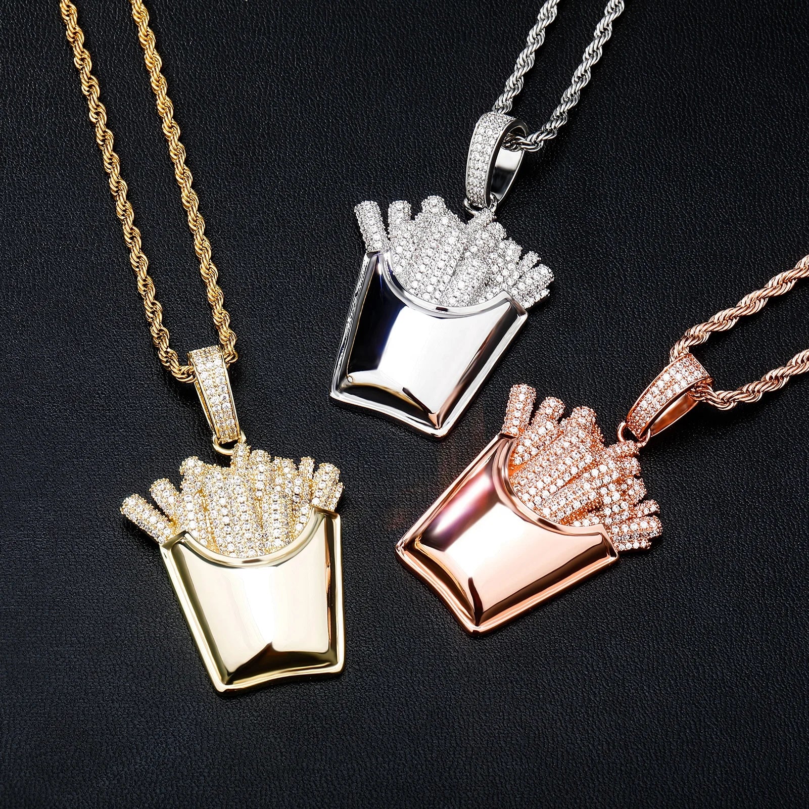 Hip Hop Stylish Lovely French Fries Necklaces Inlaid Rhinestones Zircon Solid Fries Shape Pendant for Men Women Parties Jewelry