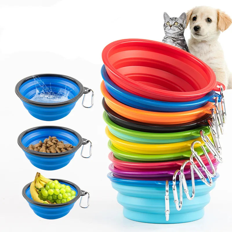 Eco-Friendly Foldable Collapsible Silicone Bpa Free Travel Camping Cat Dog Food Water Bowls with Carabiner Clip